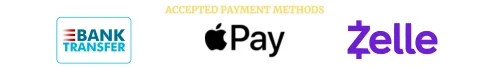 Accepted payment methods: bank transfer, Apple Pay, and Zelle
